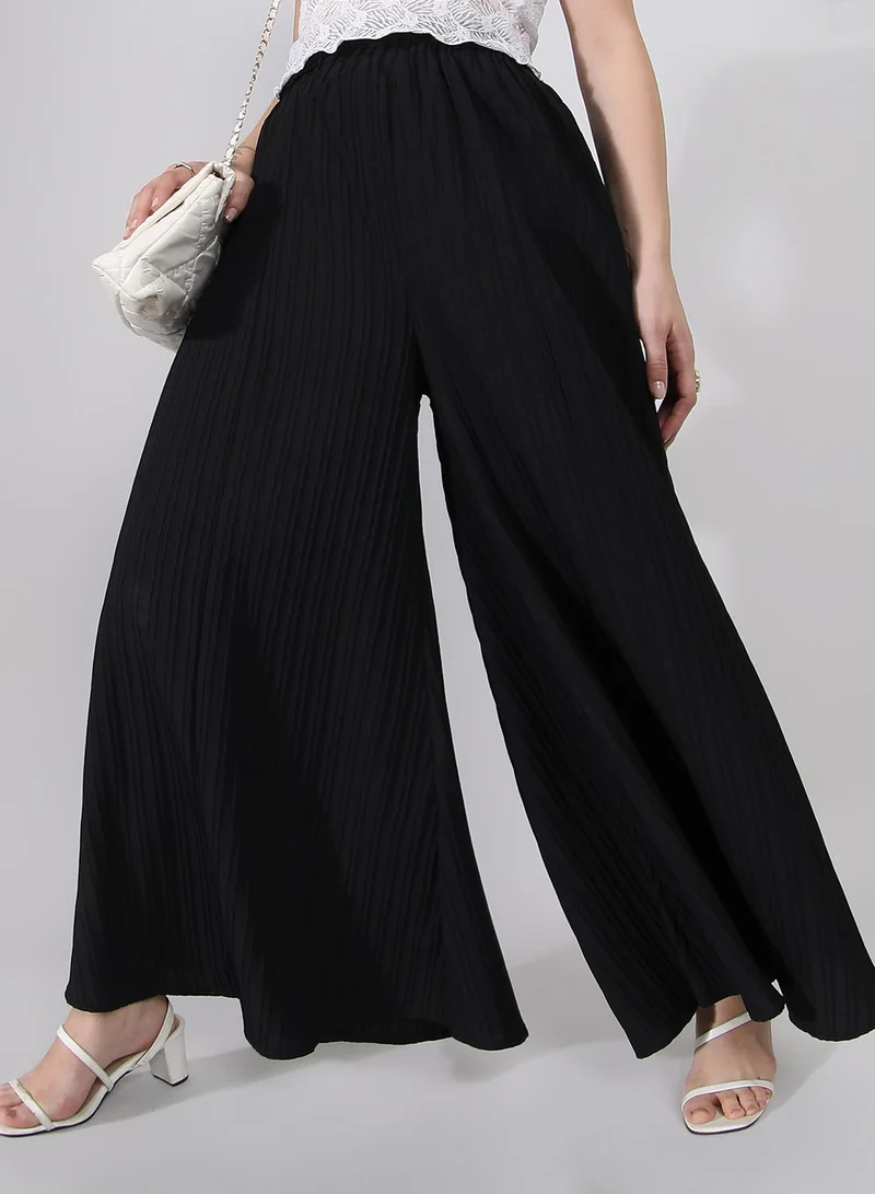 كامبوس سوترا Women's Midnight Black Striped Piping Flared Trousers For Casual Wear | High-Rise | Full Length | Pull On Closure | Pants Crafted With Comfort Fit For Everyday Wear